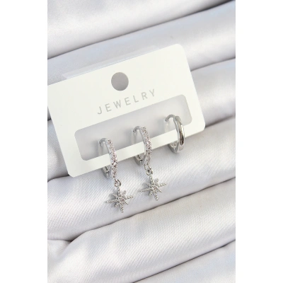 Pirinç Zirkon Taşlı Kutup Yıldızı Model Gümüş Renk 3lü Çift Kadın Küpe Set - Lisinya