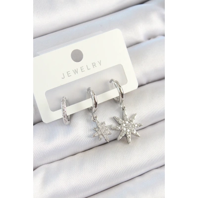 Pirinç Zirkon Taşlı Kutup Yıldızı Model Gümüş Renk 3lü Çift Kadın Küpe Set - Lisinya