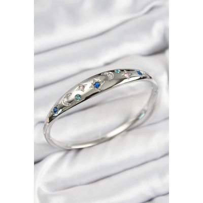 Pirinç Zirkon Taşlı Kutup Yıldızı Ve Hilal Model Gümüş Renk Kadın Kelepçe - Lisinya