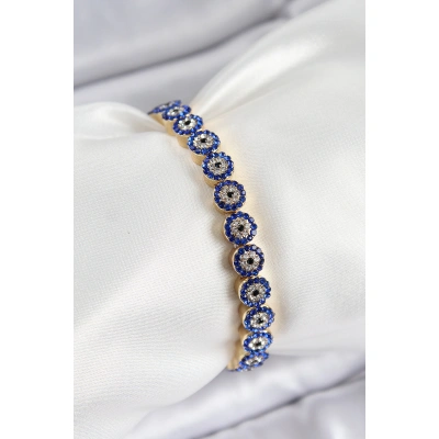 Pirinç Zirkon Taşlı Lacivert Nazar Model Gold Renk Lastikli Kadın Bileklik - Lisinya