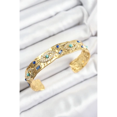 Pirinç Zirkon Taşlı Mavi Boncuklu Göz Model Gold Renk Altı Açık Kadın Bileklik - Lisinya