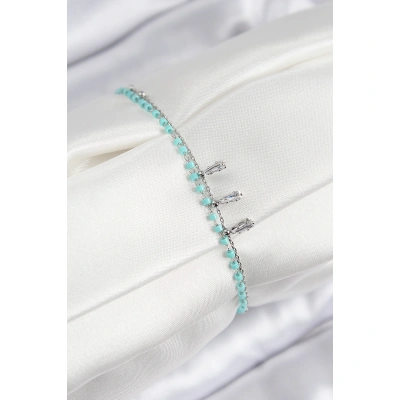 Pirinç Zirkon Taşlı Mavi Boncuklu Model Gümüş Renk Kadın Bileklik - Lisinya