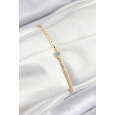 Pirinç Zirkon Taşlı Nazar Model Ezme Zincir Gold Renk Kadın Bileklik - Lisinya