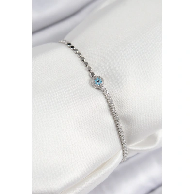 Pirinç Zirkon Taşlı Nazar Model Ezme Zincir Gümüş Renk Kadın Bileklik - Lisinya