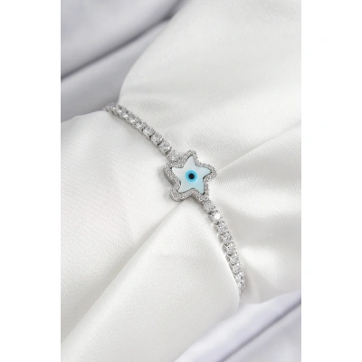 Pirinç Zirkon Taşlı Nazar Yıldız Model Gümüş Renk Asansörlü Kadın Bileklik - Lisinya