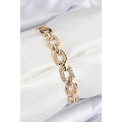 Pirinç Zirkon Taşlı Parçalı Zincir Model Gold Renk Kadın Bileklik - Lisinya