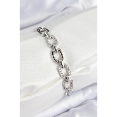 Pirinç Zirkon Taşlı Parçalı Zincir Model Gümüş Renk Kadın Bileklik - Lisinya