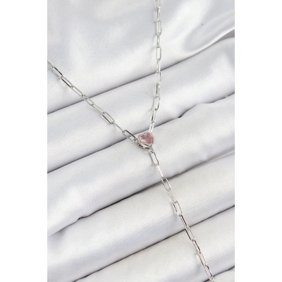 Pirinç Zirkon Taşlı Pembe Kalp Figürlü Y Model Gümüş Renk Kadın Kolye - Lisinya