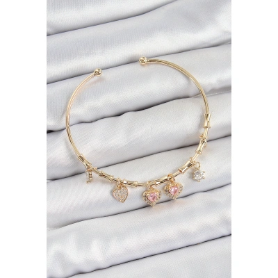 Pirinç Zirkon Taşlı Pembe Kalp Model Gold Renk Charm Bileklik - Lisinya