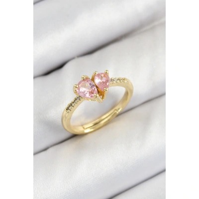 Pirinç Zirkon Taşlı Pembe Kalp Model Gold Renk Kadın Yüzük - Lisinya