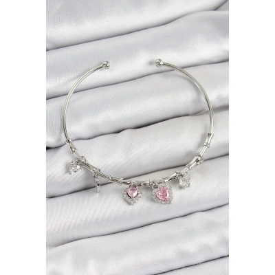 Pirinç Zirkon Taşlı Pembe Kalp Model Gümüş Renk Charm Bileklik - Lisinya