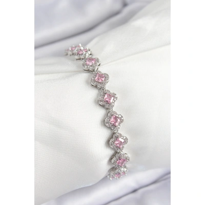 Pirinç Zirkon Taşlı Pembe Yonca Baget Model Gümüş Renk VIP Seri Kadın Bileklik - Lisinya