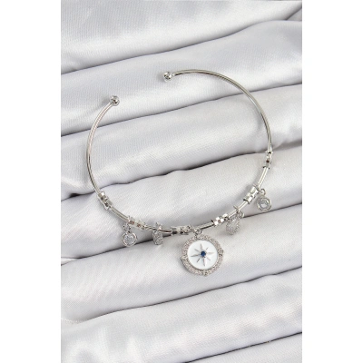 Pirinç Zirkon Taşlı Pusula Model Gümüş Renk Charm Bileklik - Lisinya