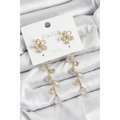 Pirinç Zirkon Taşlı Sallantılı Çiçek Model Gold Renk 925 Ayar Gümüş Çivi Kadın Küpe - Lisinya