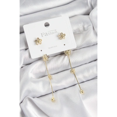 Pirinç Zirkon Taşlı Sallantılı Çiçek Model Gold Renk 925 Ayar Gümüş Çivi Kadın Küpe - Lisinya