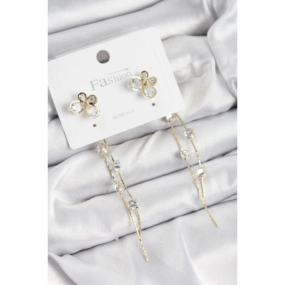 Pirinç Zirkon Taşlı Sallantılı Kelebek Model Gold Renk 925 Ayar Gümüş Çivi Kadın Küpe - Lisinya