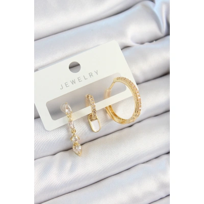 Pirinç Zirkon Taşlı Sallantılı Model Gold Renk 3lü Çift Kadın Küpe Set - Lisinya