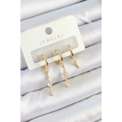 Pirinç Zirkon Taşlı Sallantılı Model Gold Renk 3lü Çift Kadın Küpe Set - Lisinya