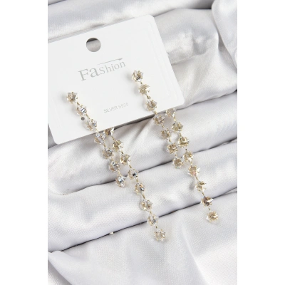 Pirinç Zirkon Taşlı Sallantılı  Model Gold Renk 925 Ayar Gümüş Çivi Kadın Küpe - Lisinya