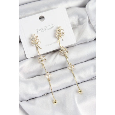 Pirinç Zirkon Taşlı Sallantılı  Model Gold Renk 925 Ayar Gümüş Çivi Kadın Küpe - Lisinya