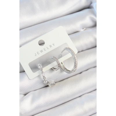 Pirinç Zirkon Taşlı Sallantılı Model Gümüş Renk 3lü Çift Kadın Küpe Set - Lisinya