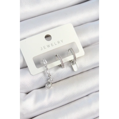 Pirinç Zirkon Taşlı Sallantılı Model Gümüş Renk 3lü Çift Kadın Küpe Set - Lisinya