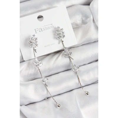 Pirinç Zirkon Taşlı Sallantılı  Model Gümüş Renk 925 Ayar Gümüş Çivi Kadın Küpe - Lisinya