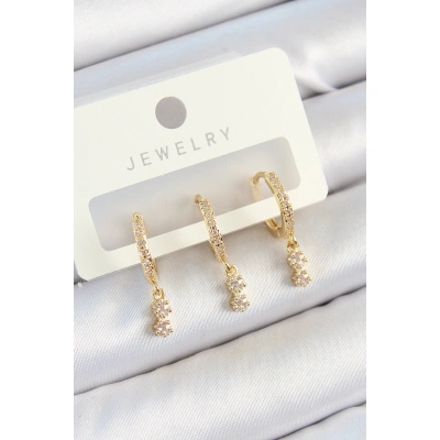 Pirinç Zirkon Taşlı Sallantılı Yıldız Model Gold Renk 3lü Çift Kadın Küpe Set - Lisinya