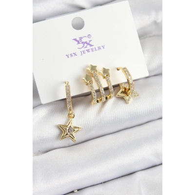 Pirinç Zİrkon Taşlı Sallantılı Yıldız Model Gold Renk 3lü Kadın Küpe - Lisinya