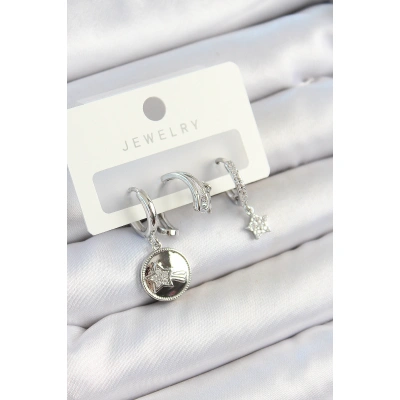 Pirinç Zirkon Taşlı Sallantılı Yıldız Model Gümüş Renk 3lü Çift Kadın Küpe Set - Lisinya