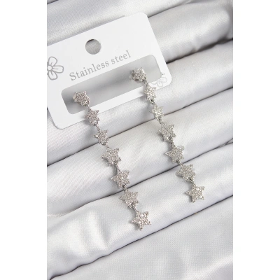 Pirinç Zirkon Taşlı Sallantılı Yıldız Model Gümüş Renk Kadın Küpe - Lisinya