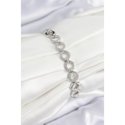 Pirinç Zirkon Taşlı Sıralı Halka Model Gümüş Renk Kadın Bileklik - Lisinya