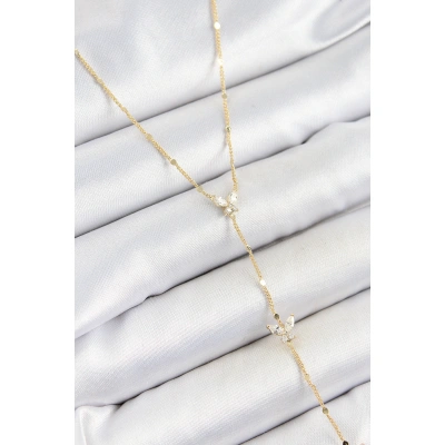 Pirinç Zirkon Taşlı Sıralı Kelebek Figürlü Y Model Gold Renk Kadın Kolye - Lisinya