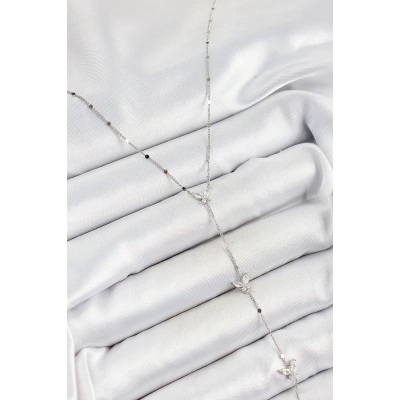 Pirinç Zirkon Taşlı Sıralı Kelebek Figürlü Y Model Gümüş Renk Kadın Kolye - Lisinya