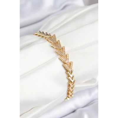 Pirinç Zirkon Taşlı Sıralı Ok Model Gold Renk Kadın Bileklik - Lisinya
