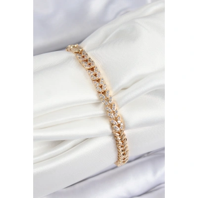 Pirinç Zirkon Taşlı Sıralı Yaprak Model Gold Renk Kadın Bileklik - Lisinya