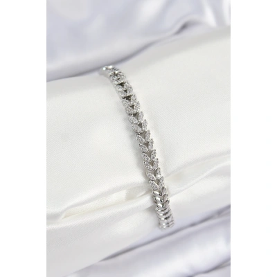 Pirinç Zirkon Taşlı Sıralı Yaprak Model Gümüş Renk Kadın Bileklik - Lisinya