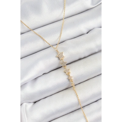 Pirinç Zirkon Taşlı Sıralı Yıldız Figürlü Y Model Gold Renk Kadın Kolye - Lisinya