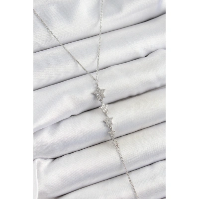 Pirinç Zirkon Taşlı Sıralı Yıldız Figürlü Y Model Gümüş Renk Kadın Kolye - Lisinya