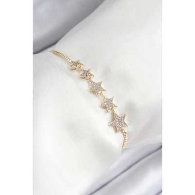 Pirinç Zirkon Taşlı Sıralı Yıldız Model Gold Renk Asansörlü Kadın Bileklik - Lisinya