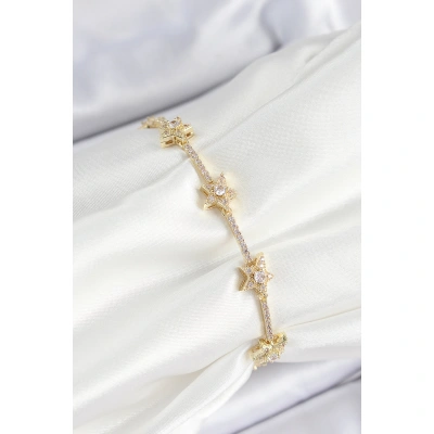 Pirinç Zirkon Taşlı Sıralı Yıldız Model Gold Renk Kadın Bileklik - Lisinya