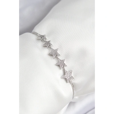 Pirinç Zirkon Taşlı Sıralı Yıldız Model Gümüş Renk Asansörlü Kadın Bileklik - Lisinya