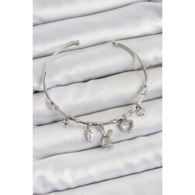 Pirinç Zirkon Taşlı Tavşan Ve Kalp Model Gümüş Renk Charm Bileklik - Lisinya