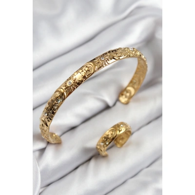Pirinç Zirkon Taşlı Vintage Model Gold Renk Bileklik Yüzük Set - Lisinya