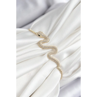 Pirinç Zirkon Taşlı Yılan Model Gold Renk Asansörlü Kadın Bileklik - Lisinya