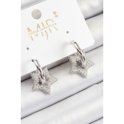 Pirinç Zirkon Taşlı Yıldız Figürlü Halka Model Gümüş Renk Kadın Küpe - Lisinya