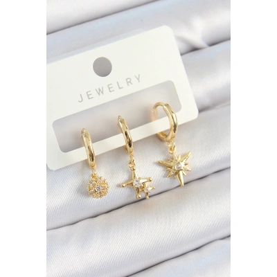 Pirinç Zirkon Taşlı Yıldız Model Gold Renk 3lü Çift Kadın Küpe Set - Lisinya