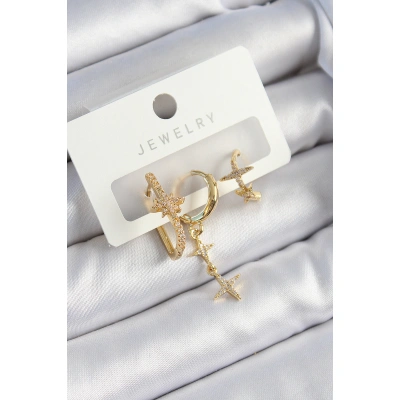 Pirinç Zirkon Taşlı Yıldız Model Gold Renk 3lü Çift Kadın Küpe Set - Lisinya