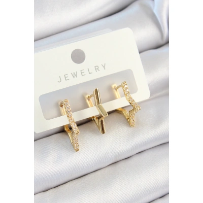 Pirinç Zirkon Taşlı Yıldız Model Gold Renk 3lü Çift Kadın Küpe Set - Lisinya