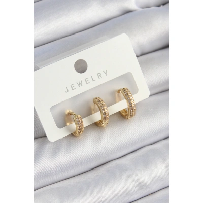 Pirinç Zirkon Taşlı Yıldız Model Gold Renk 3lü Çift Kadın Küpe Set - Lisinya